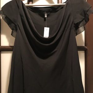WHBM Black Short-Sleeved, Drape Neck Blouse, L